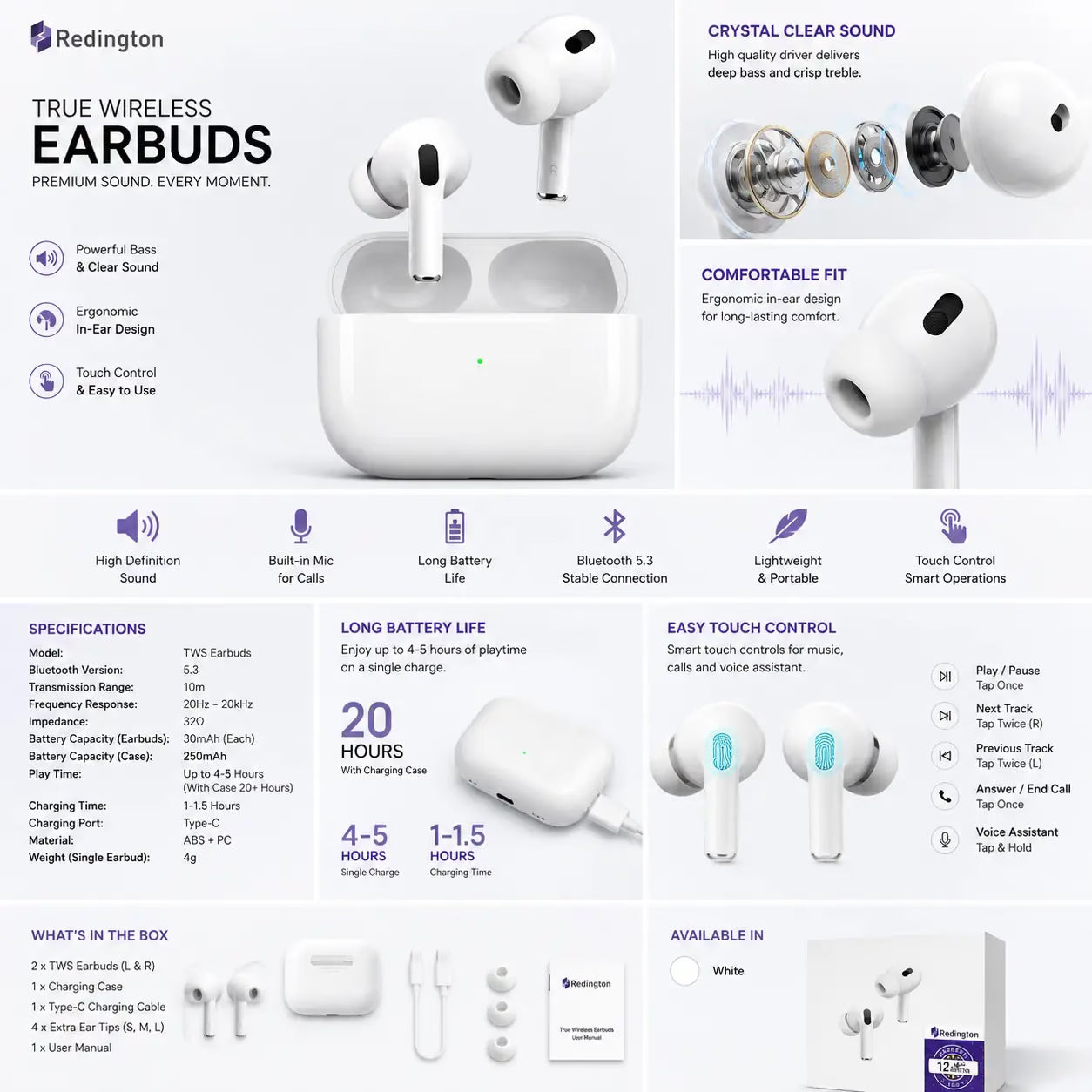 TWS Wireless Earbuds – Bluetooth 5.3 with Touch Control & Charging Case